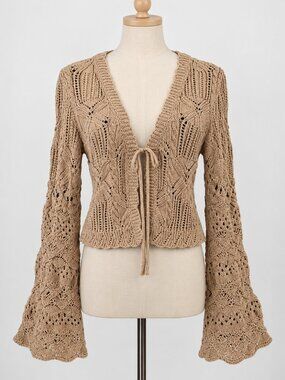 Zara Crochet Knit Tie Front Cardigan Medium Cropped Bell Sleeve Y2K Beige